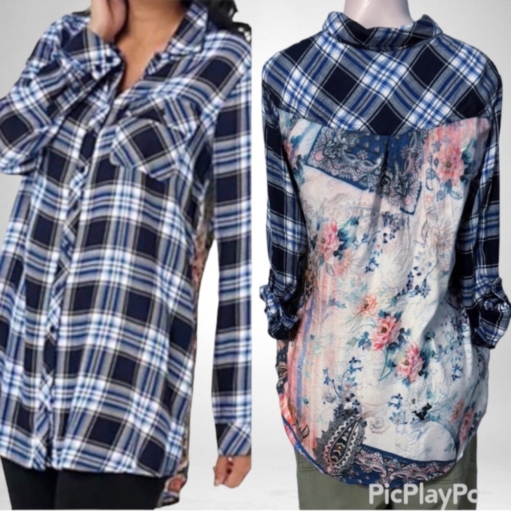 Tolani Collection Flannel Plaid Shacket Blue + Floral SZ MP